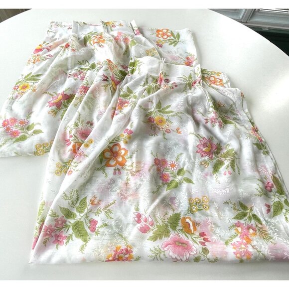 Vintage 70s curtains, sheer pink and orange floral, pair of pleated panels - Picture 1 of 10